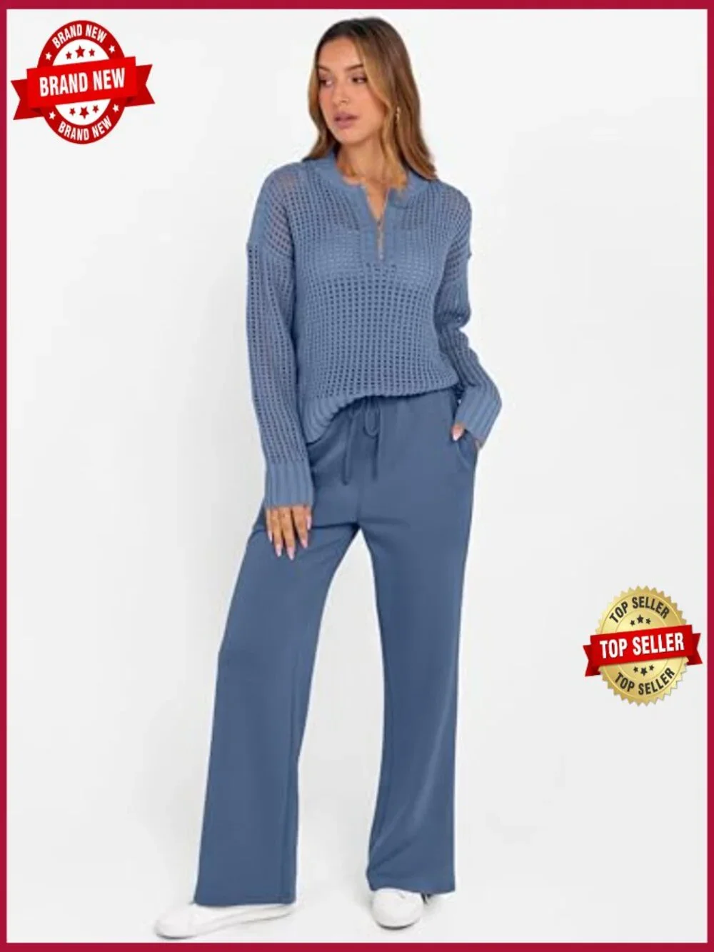 2 Piece Loungewear Set Crochet Top Wide Leg Pants Travel Matching Sets
